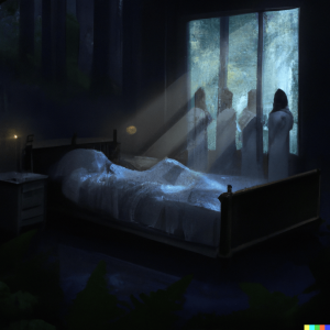 2 dark image of 5 spiritual entities healing someone in a bed next to a window that shows a forest digital art