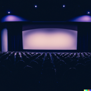 9 Ominous movie theater with screen and curtains and empty seats very dark photo black and purple tones - bay area ketamine therapy at Soft Reboot Wellness